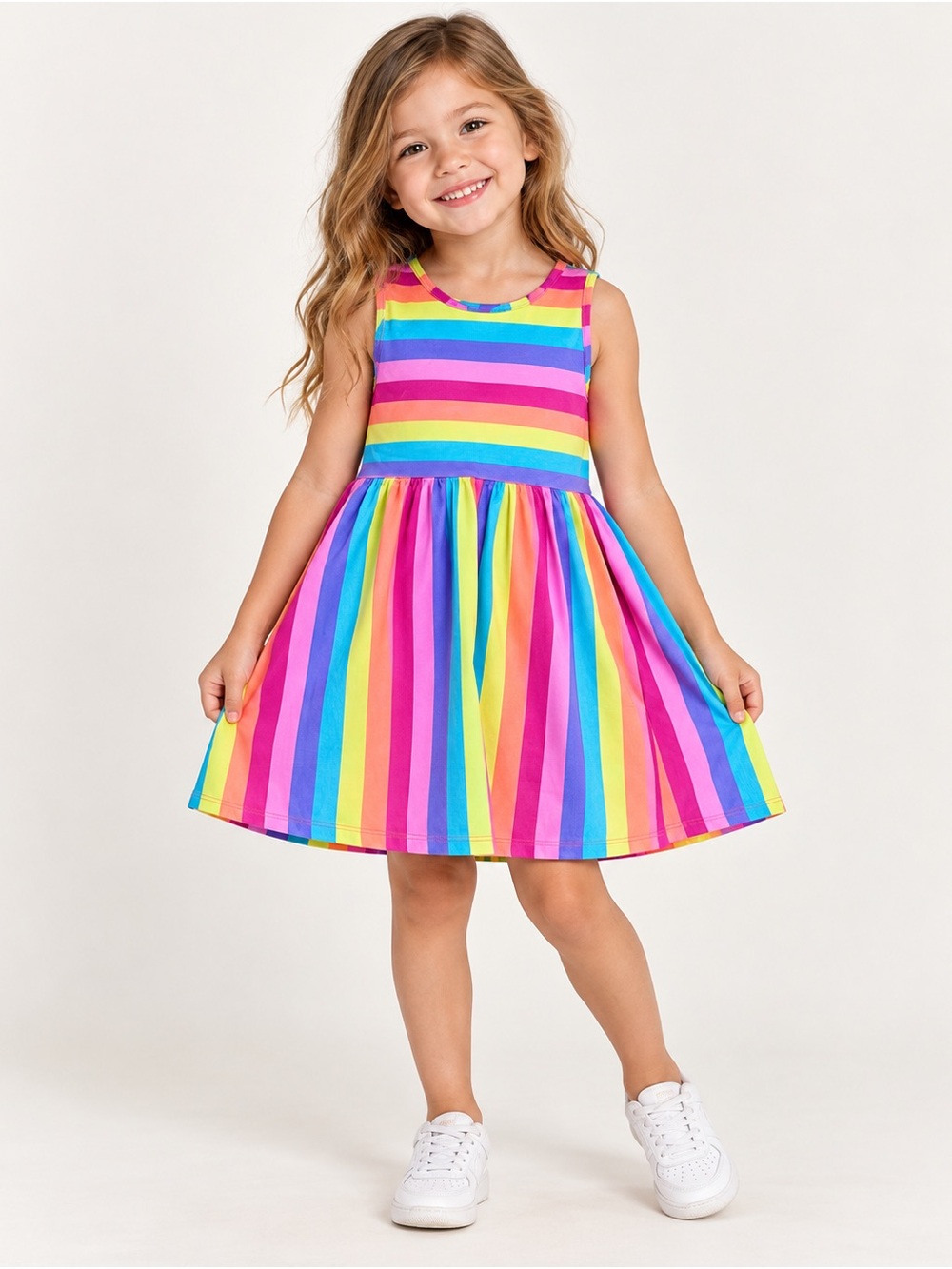 Place Rainbow Stripe Sleeveless Dress - Pink, Purple, Blue, Yellow, Green
